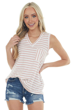 Blush Striped Sleeveless Chest Pocket Top