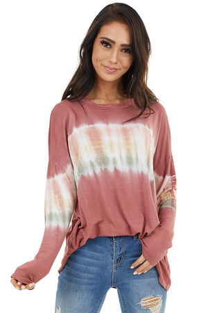 Brick Red and Ivory Long Sleeve Top with Tie Dye Detail