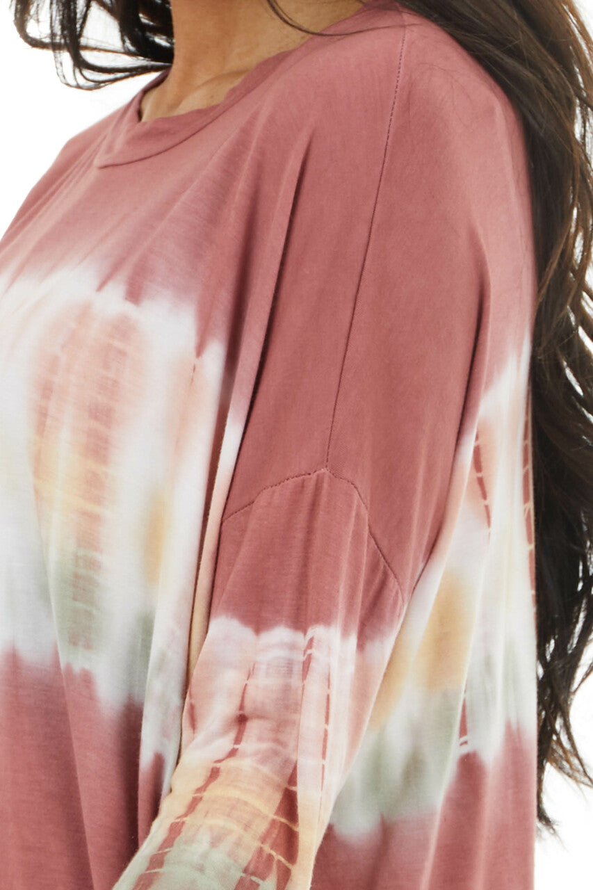 Brick Red and Ivory Long Sleeve Top with Tie Dye Detail