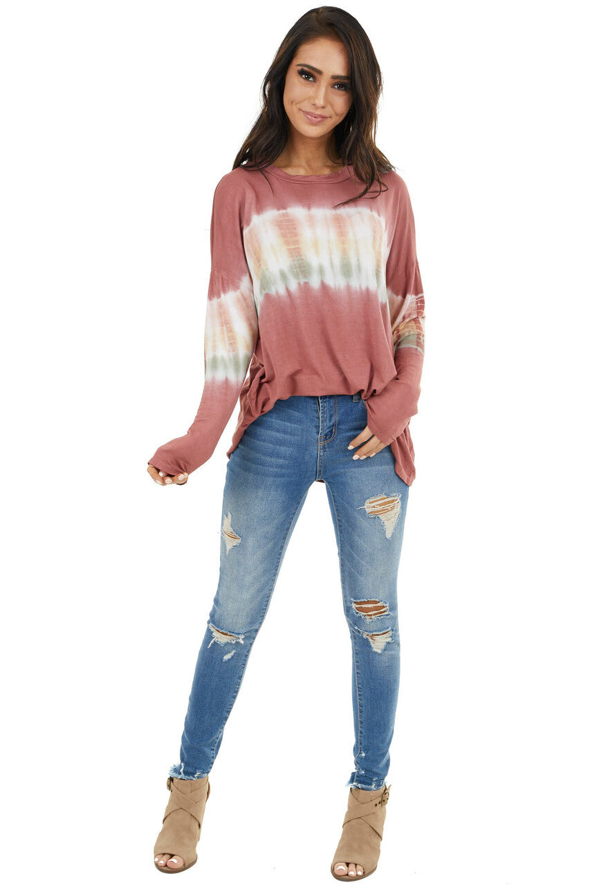 Brick Red and Ivory Long Sleeve Top with Tie Dye Detail