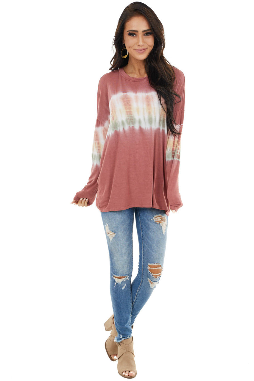 Brick Red and Ivory Long Sleeve Top with Tie Dye Detail
