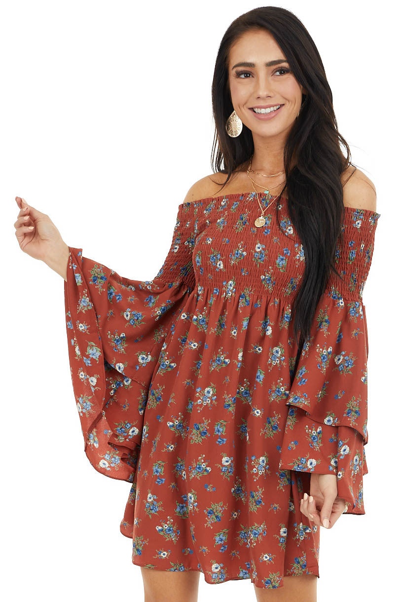 Brick Red Floral Print Off the Shoulder Mini Dress