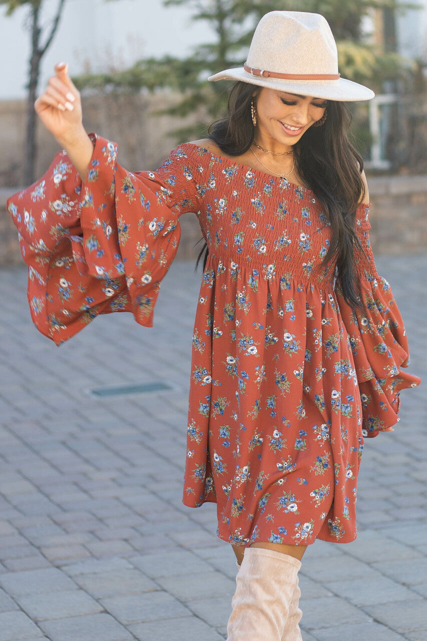 Brick Red Floral Print Off the Shoulder Mini Dress