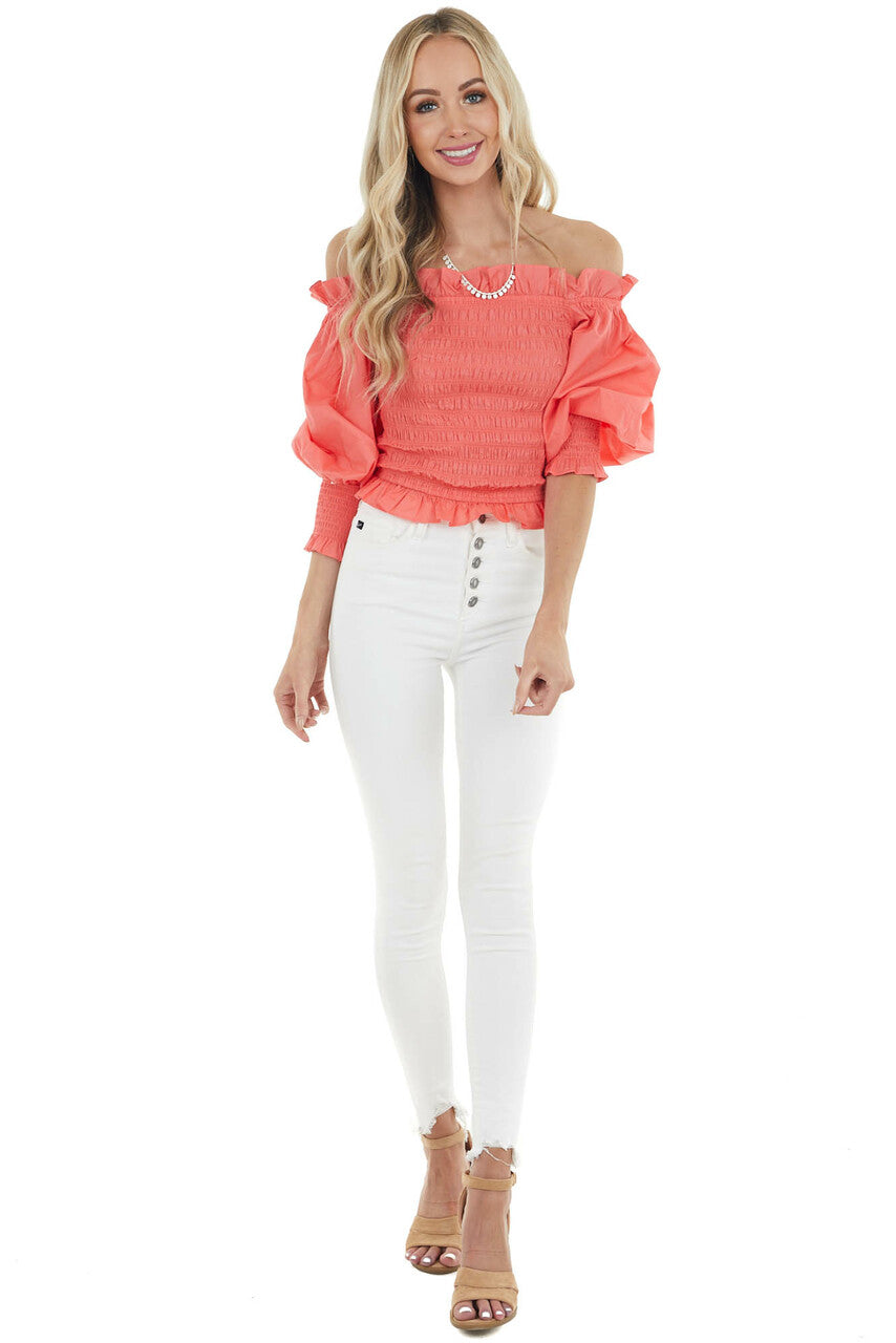 Bright Coral Smocked Off the Shoulder Top with Long Sleeves