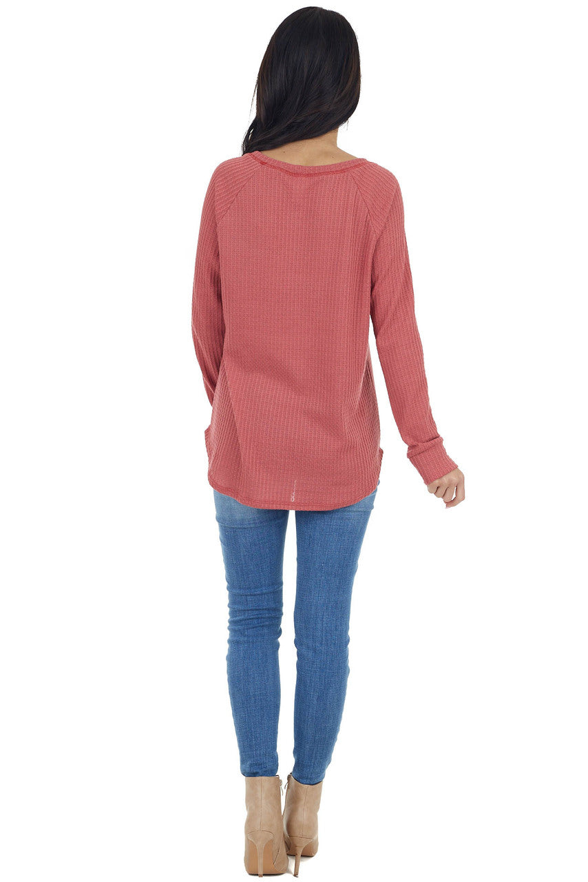 Bright Marsala Waffle Knit Long Sleeve Top with V Stitch