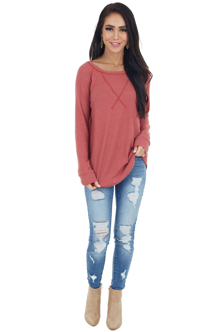 Bright Marsala Waffle Knit Long Sleeve Top with V Stitch