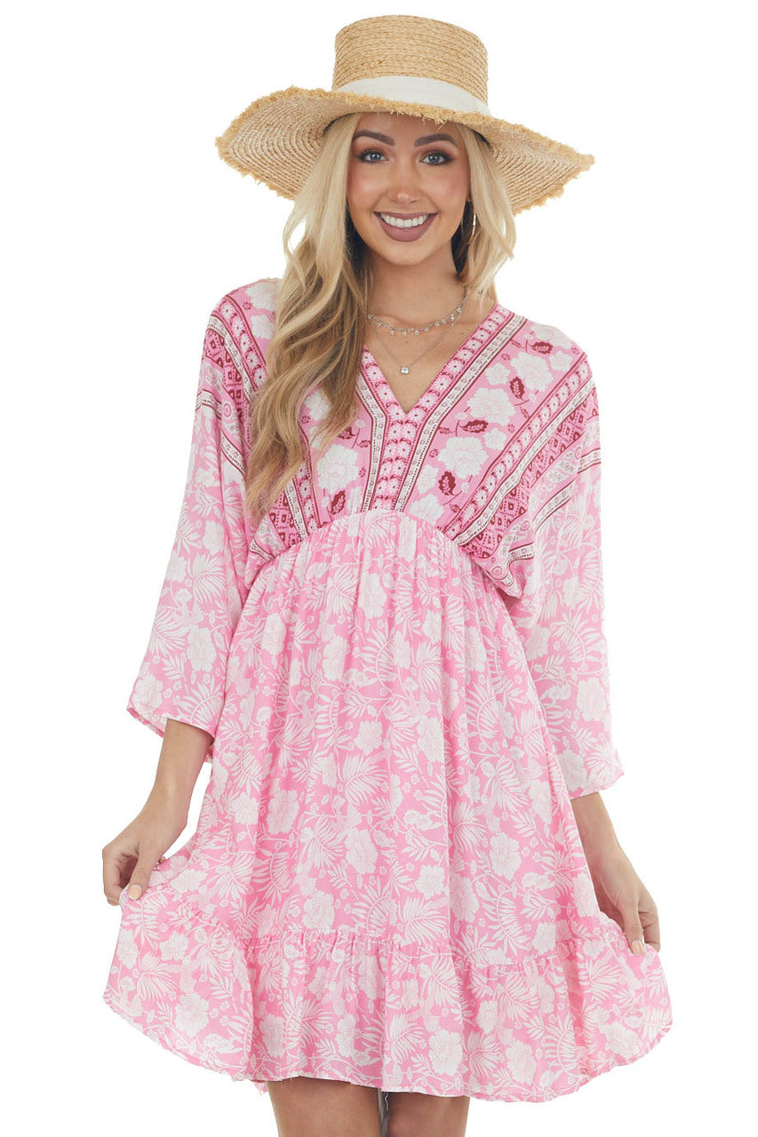 Bright Pink Tropical 3/4 Sleeve Back Tie Dress
