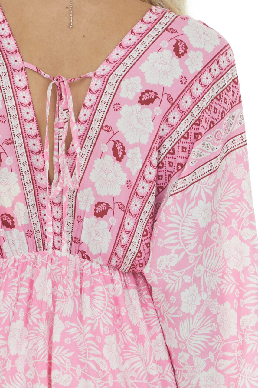 Bright Pink Tropical 3/4 Sleeve Back Tie Dress