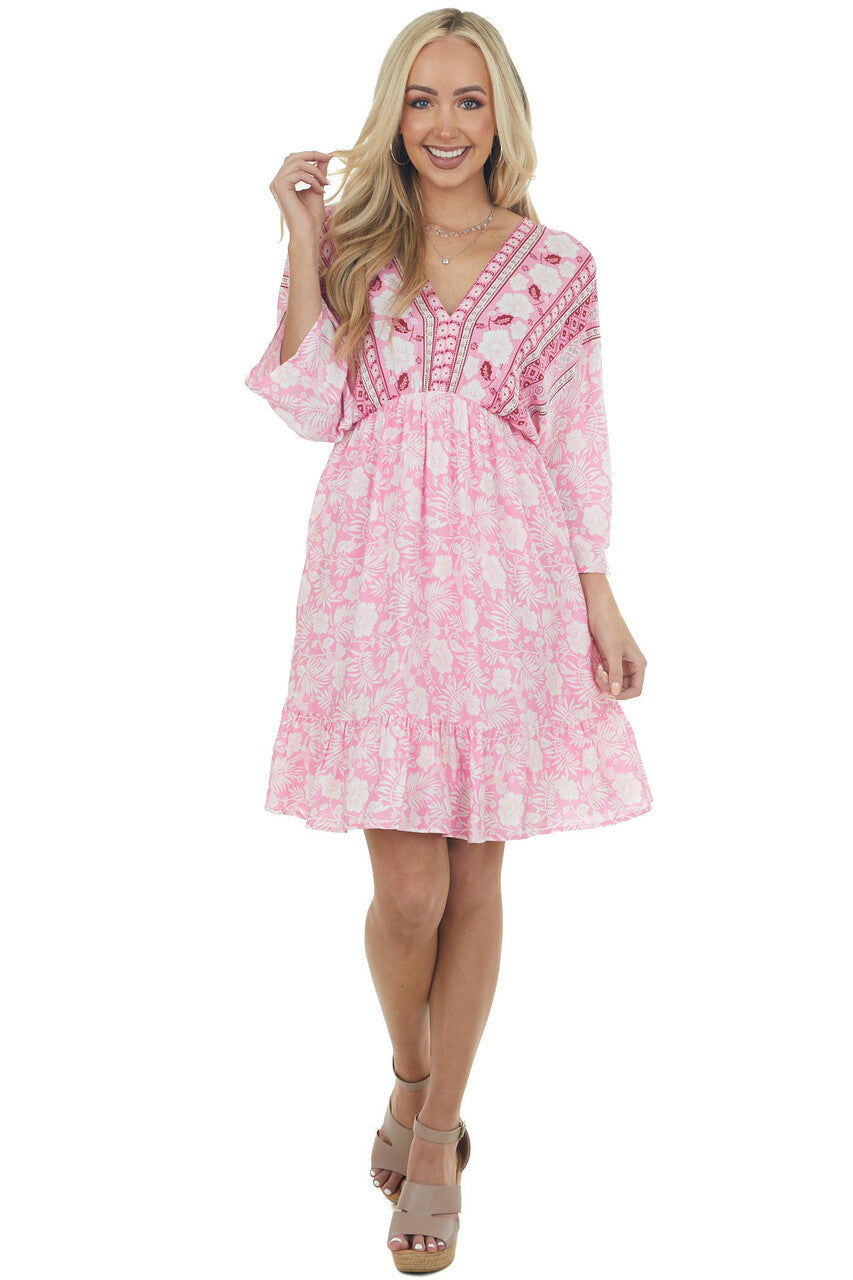 Bright Pink Tropical 3/4 Sleeve Back Tie Dress