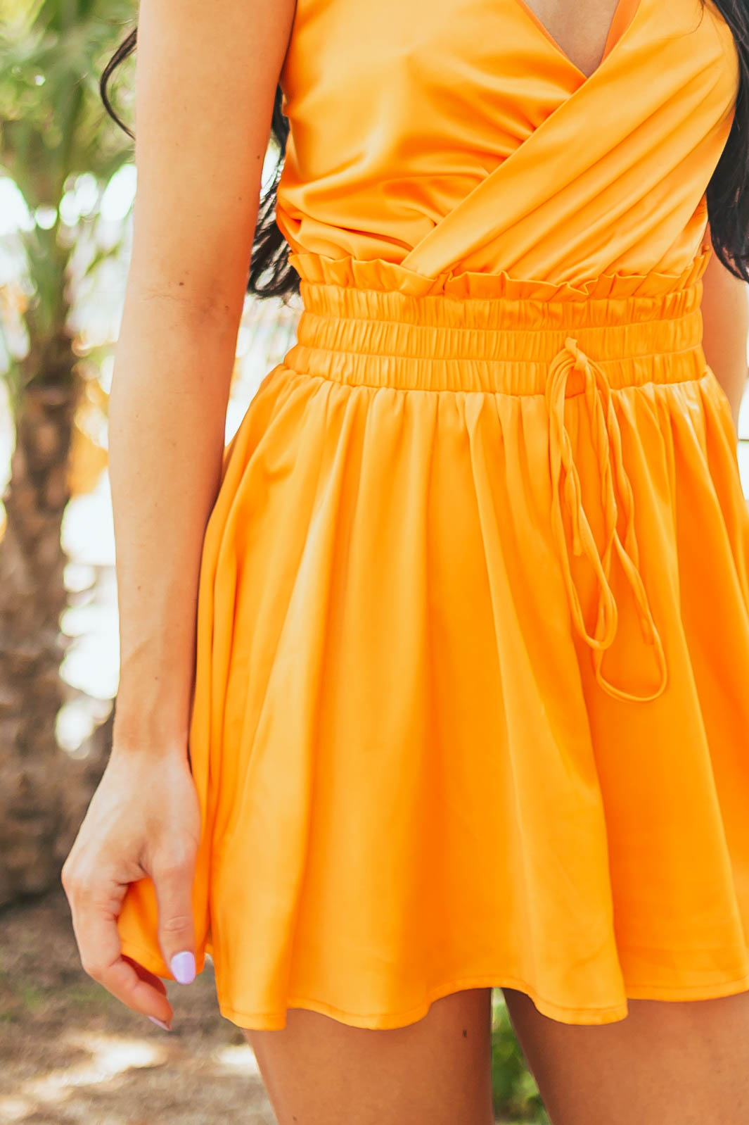 Bright Tangerine Surplice Smocked Waist Romper