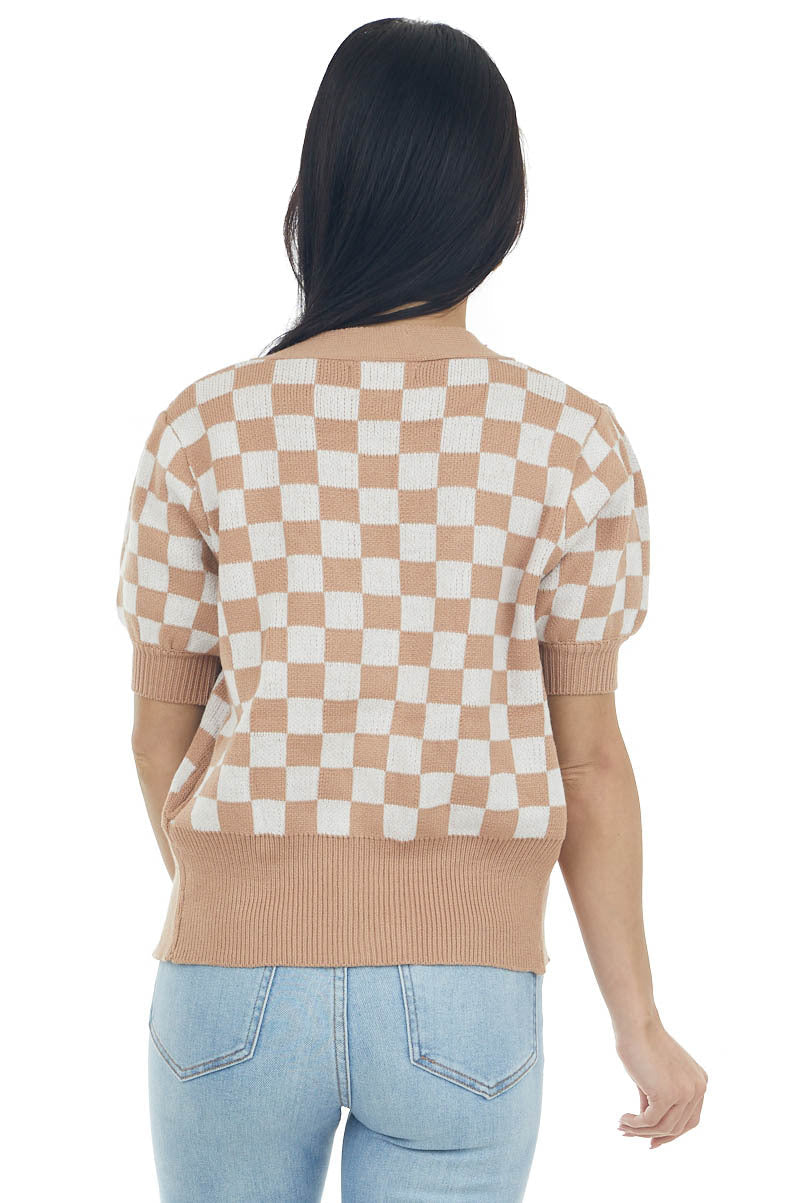 Brown Sugar Checkered Puff Sleeve Cardigan