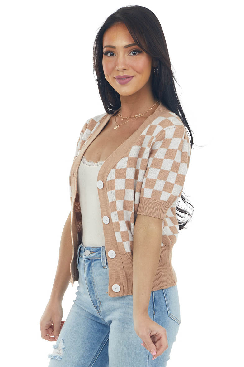 Brown Sugar Checkered Puff Sleeve Cardigan