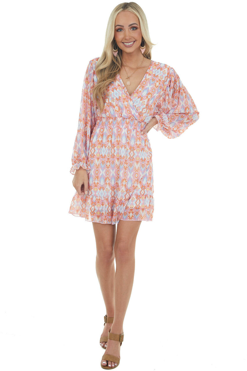 Bubblegum Aztec Surplice Ruffle Short Dress