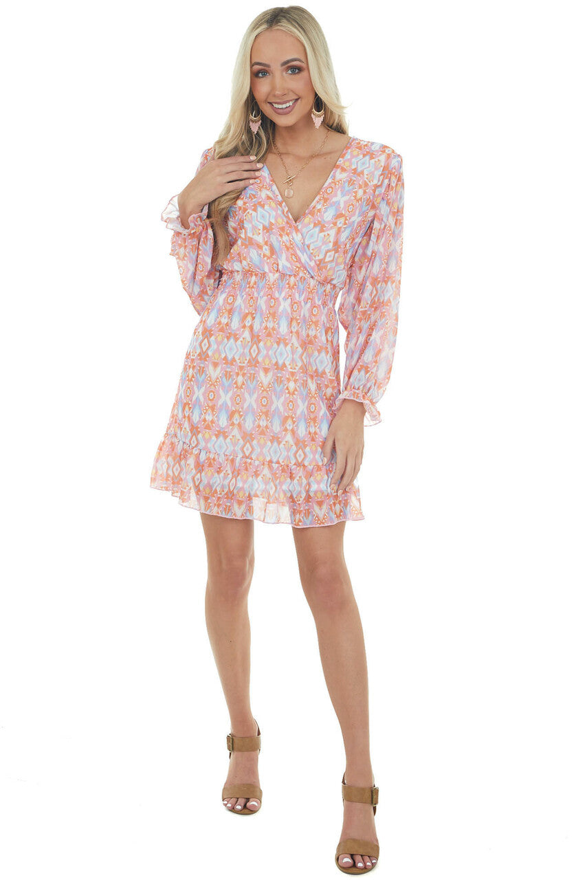 Bubblegum Aztec Surplice Ruffle Short Dress