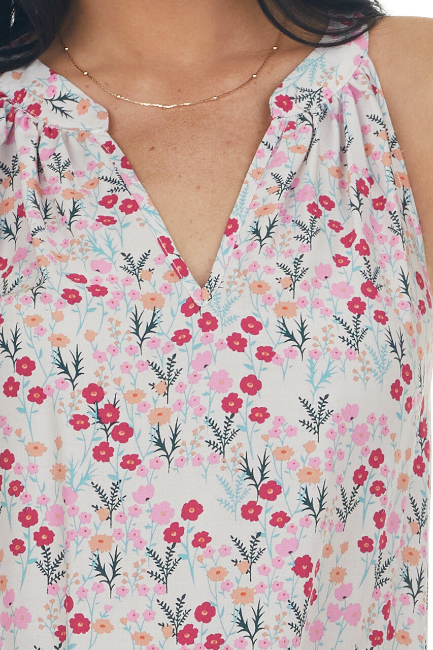 Bubblegum Floral Print Notch Neck Halter Tank