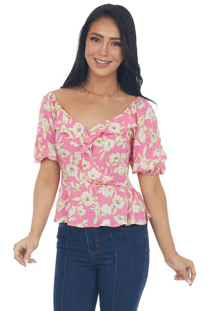 Bubblegum Pink Floral Print Peplum Top