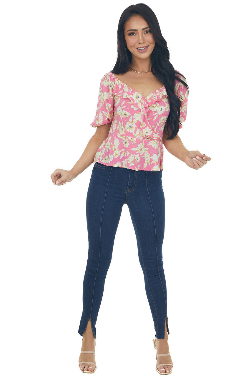 Bubblegum Pink Floral Print Peplum Top