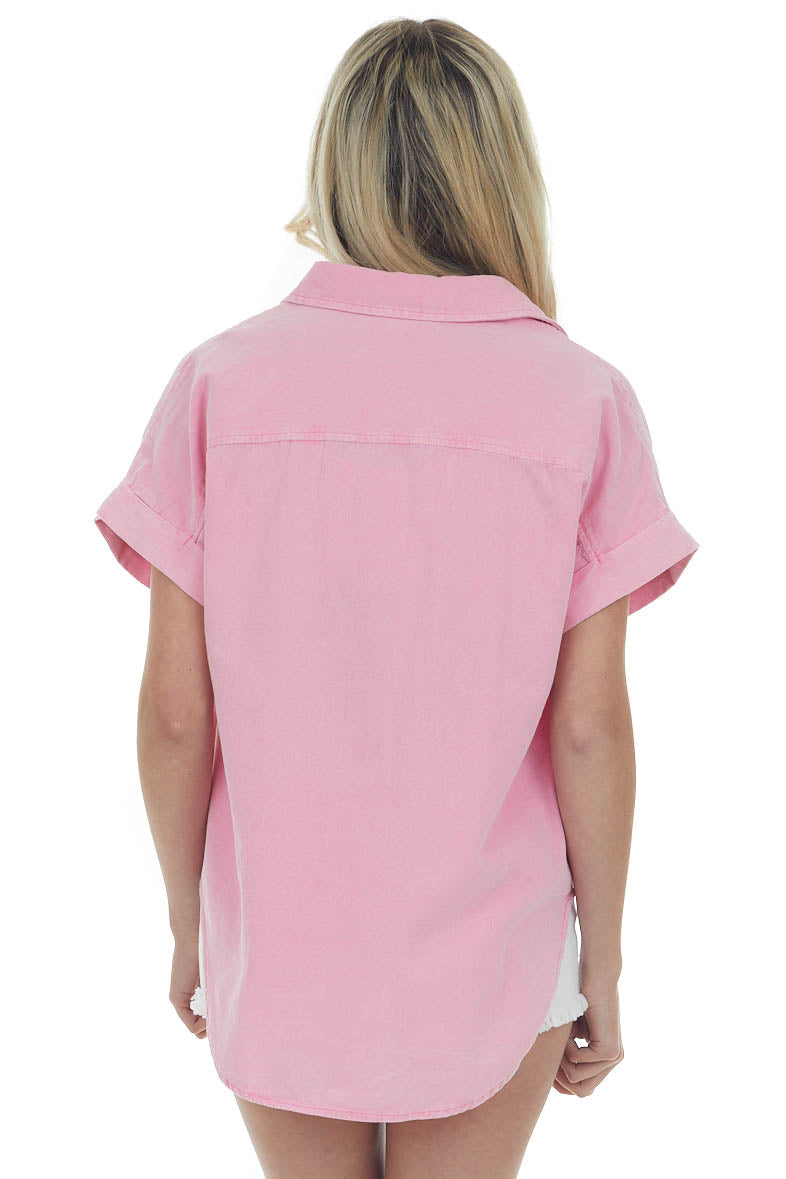 Bubblegum Short Sleeve Collared Chambray Top