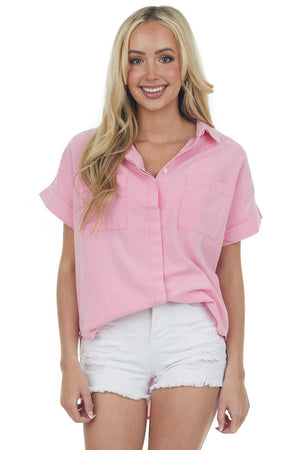 Bubblegum Short Sleeve Collared Chambray Top