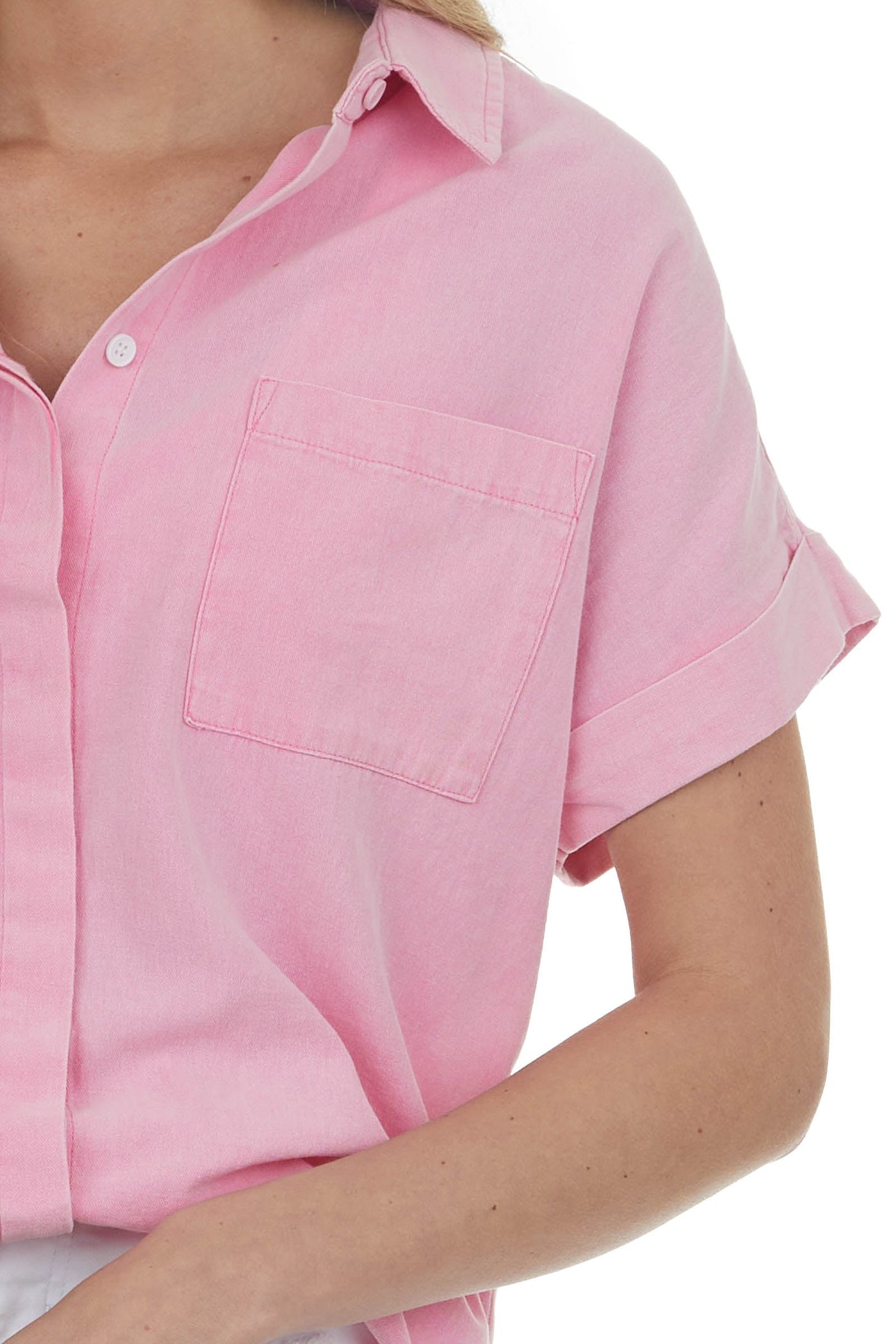 Bubblegum Short Sleeve Collared Chambray Top