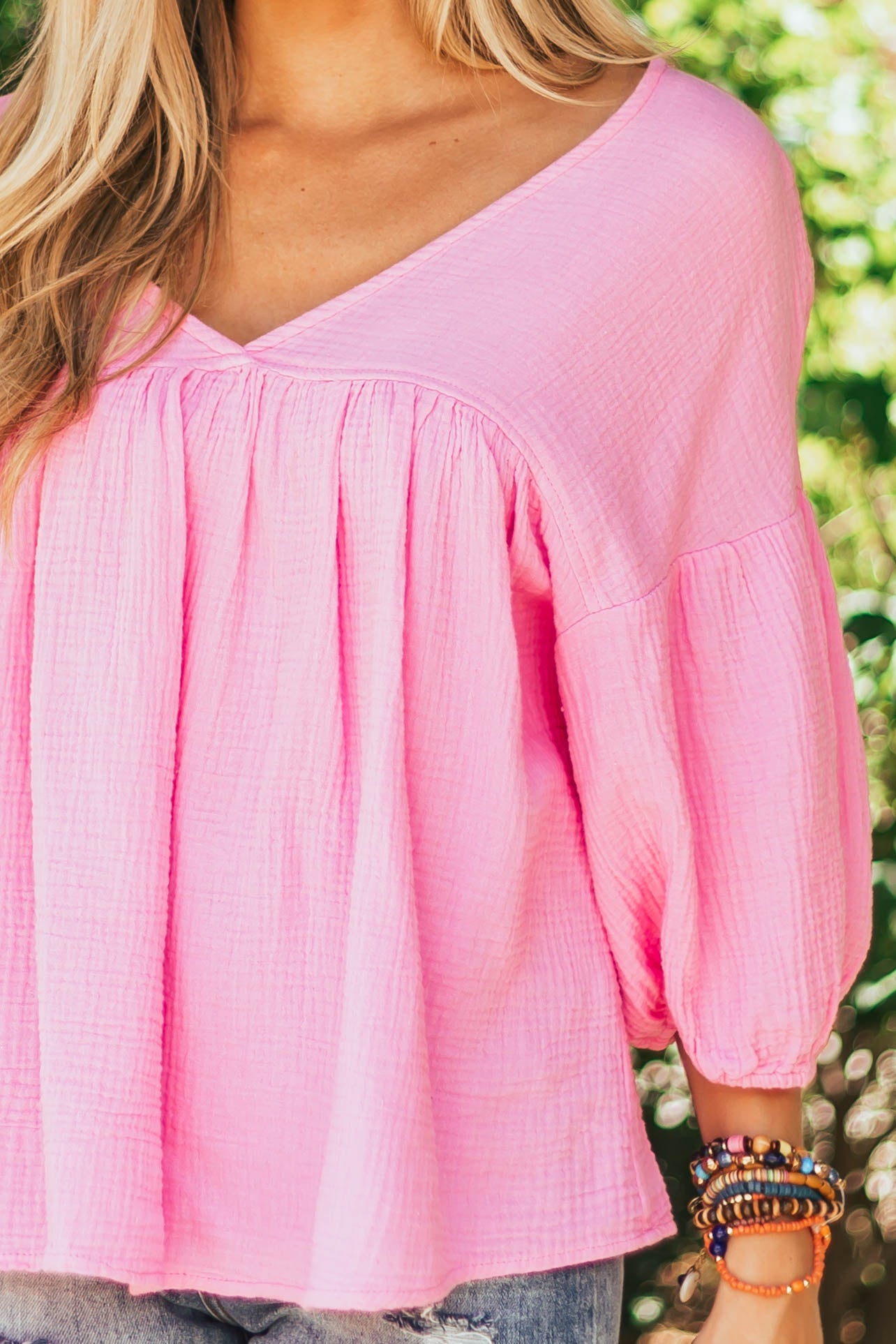 Bubblegum Textured V Neck Babydoll Top