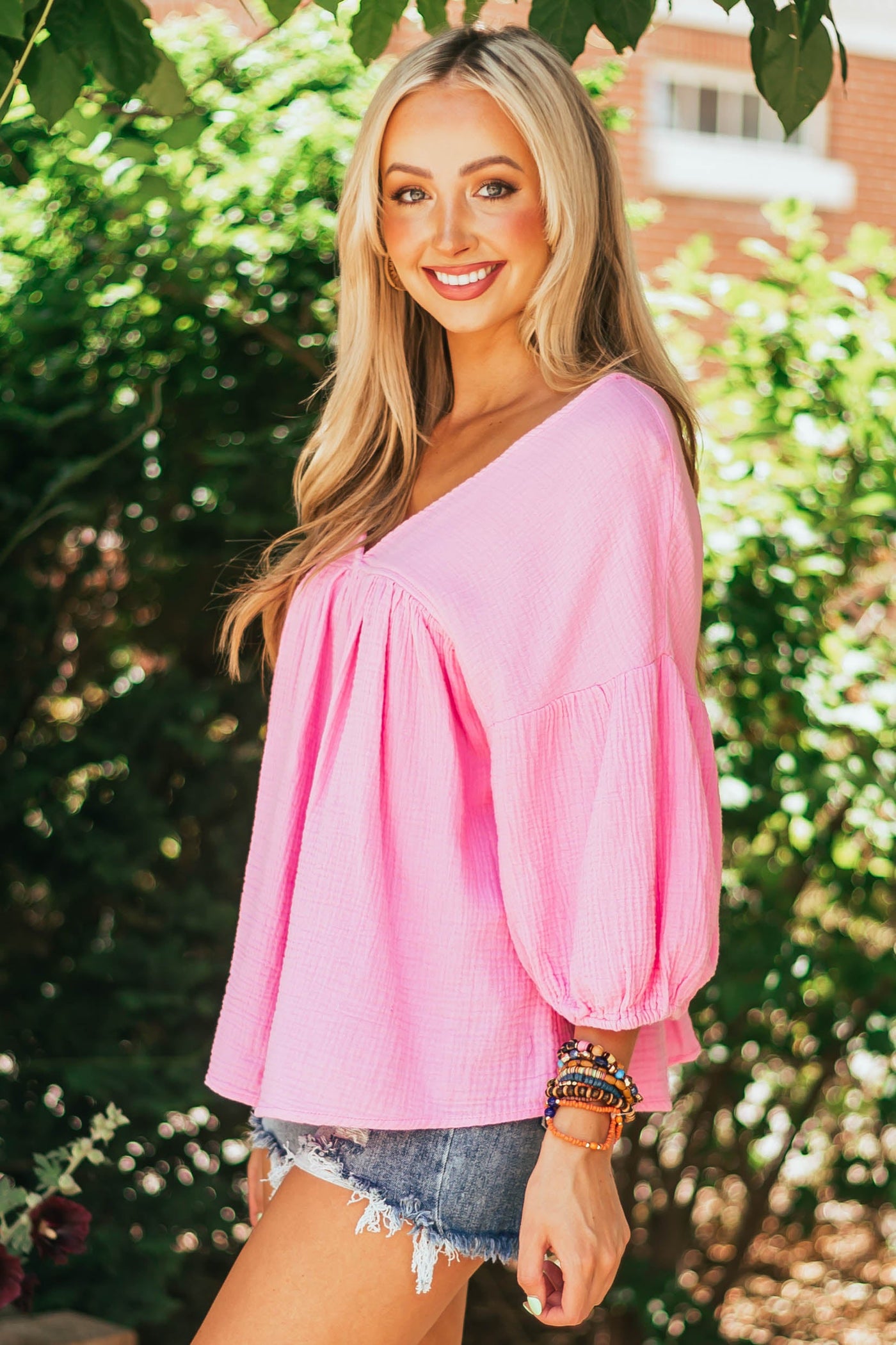 Bubblegum Textured V Neck Babydoll Top