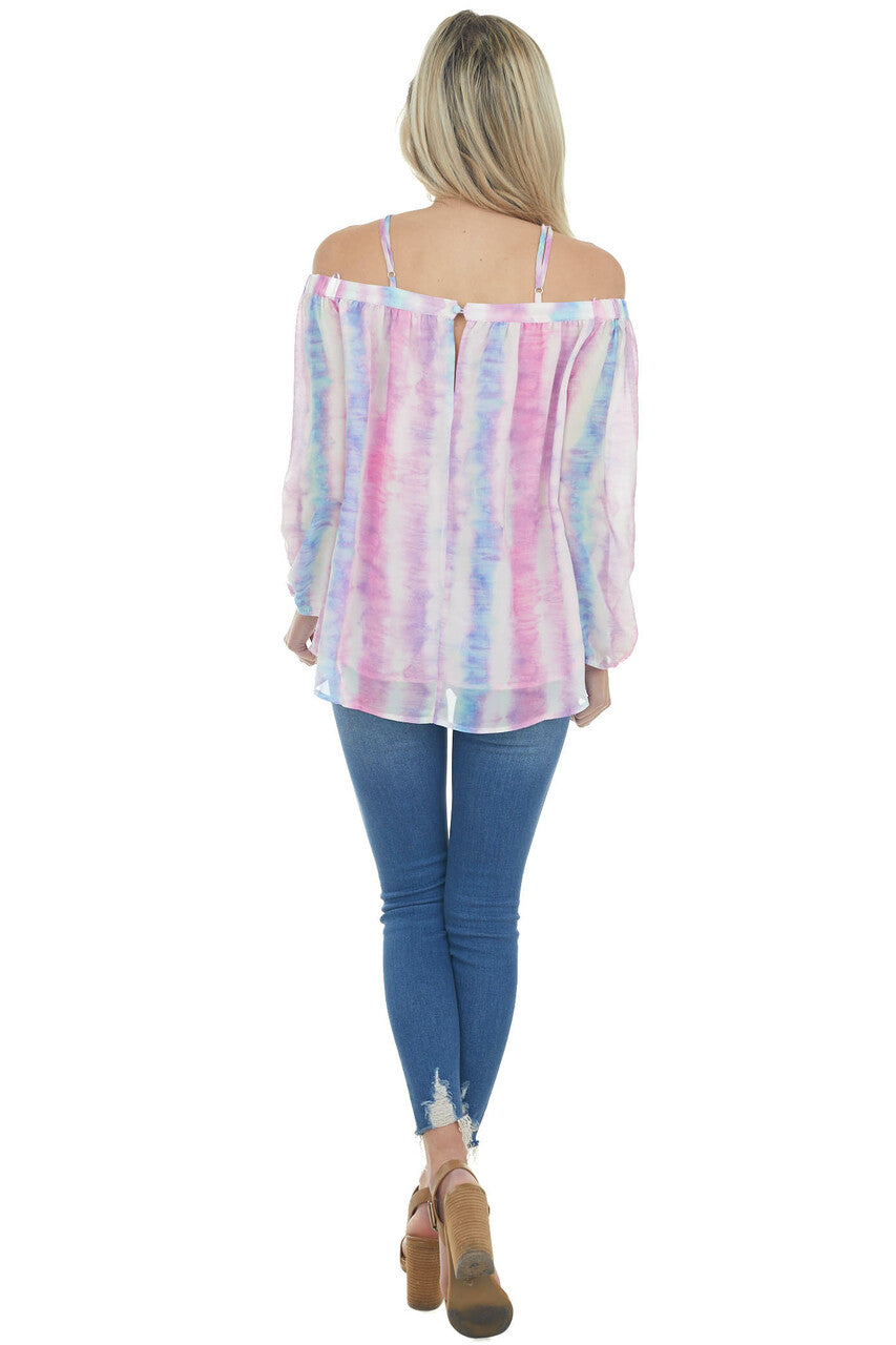 Bubblegum Tie Dye Print Cold Shoulder Blouse