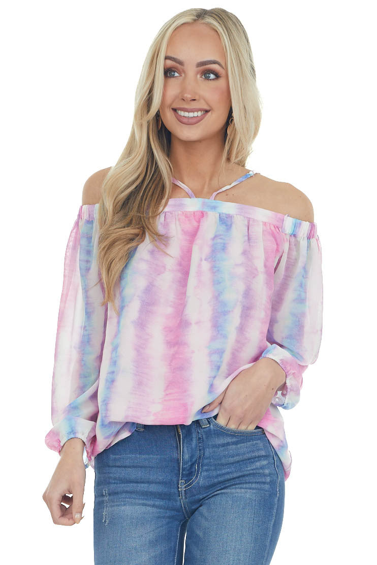 Bubblegum Tie Dye Print Cold Shoulder Blouse