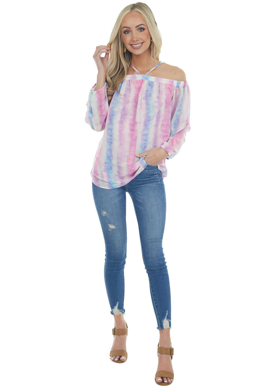 Bubblegum Tie Dye Print Cold Shoulder Blouse