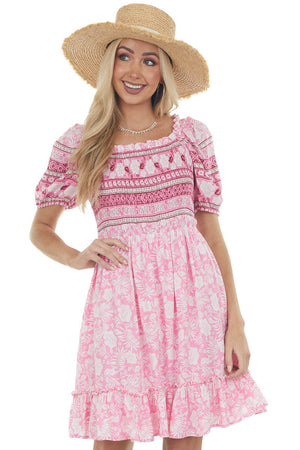 Bubblegum Tropical Print Smocked Short Dress