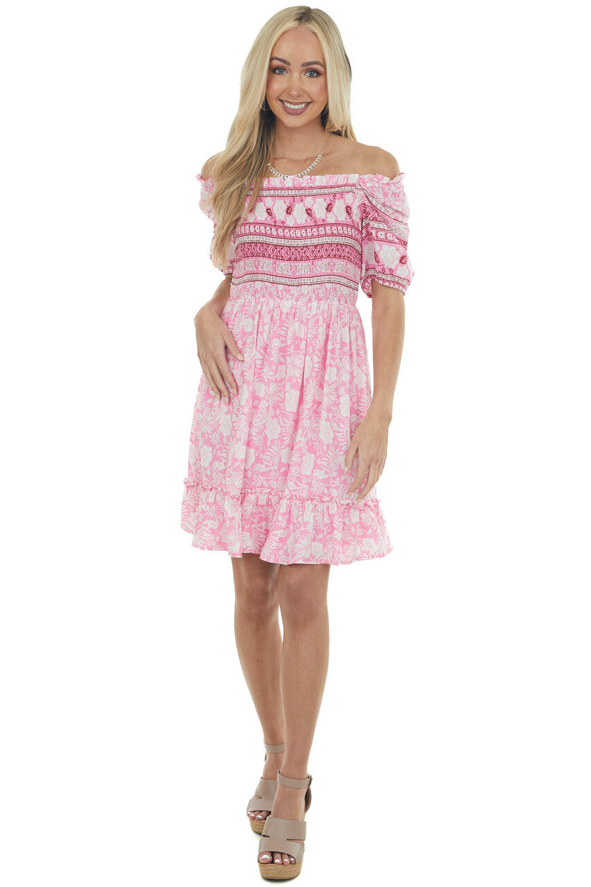 Bubblegum Tropical Print Smocked Short Dress
