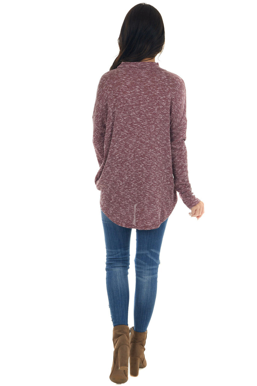 Burgundy and White Surplice Knit Top with Choker Neckline 