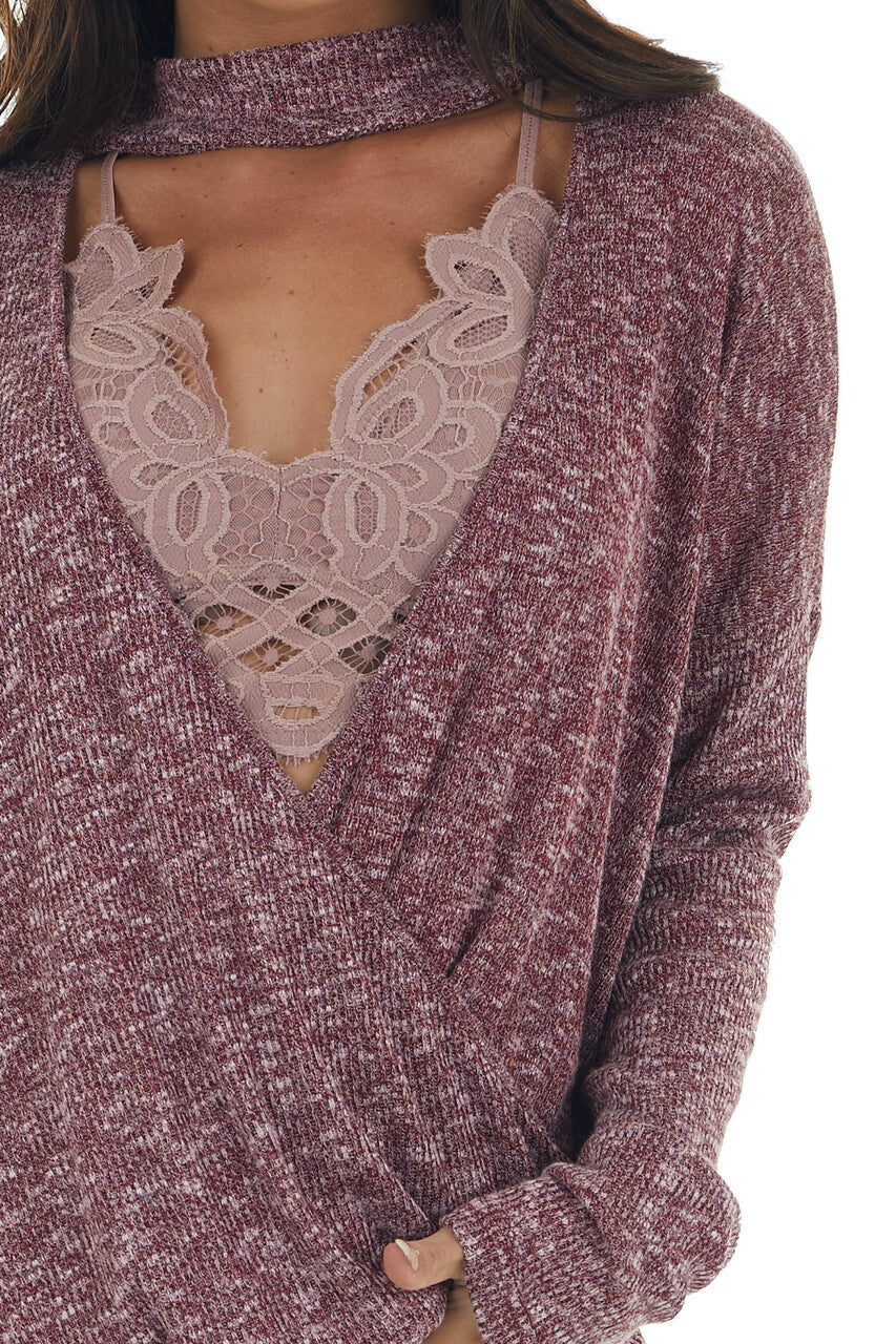 Burgundy and White Surplice Knit Top with Choker Neckline 