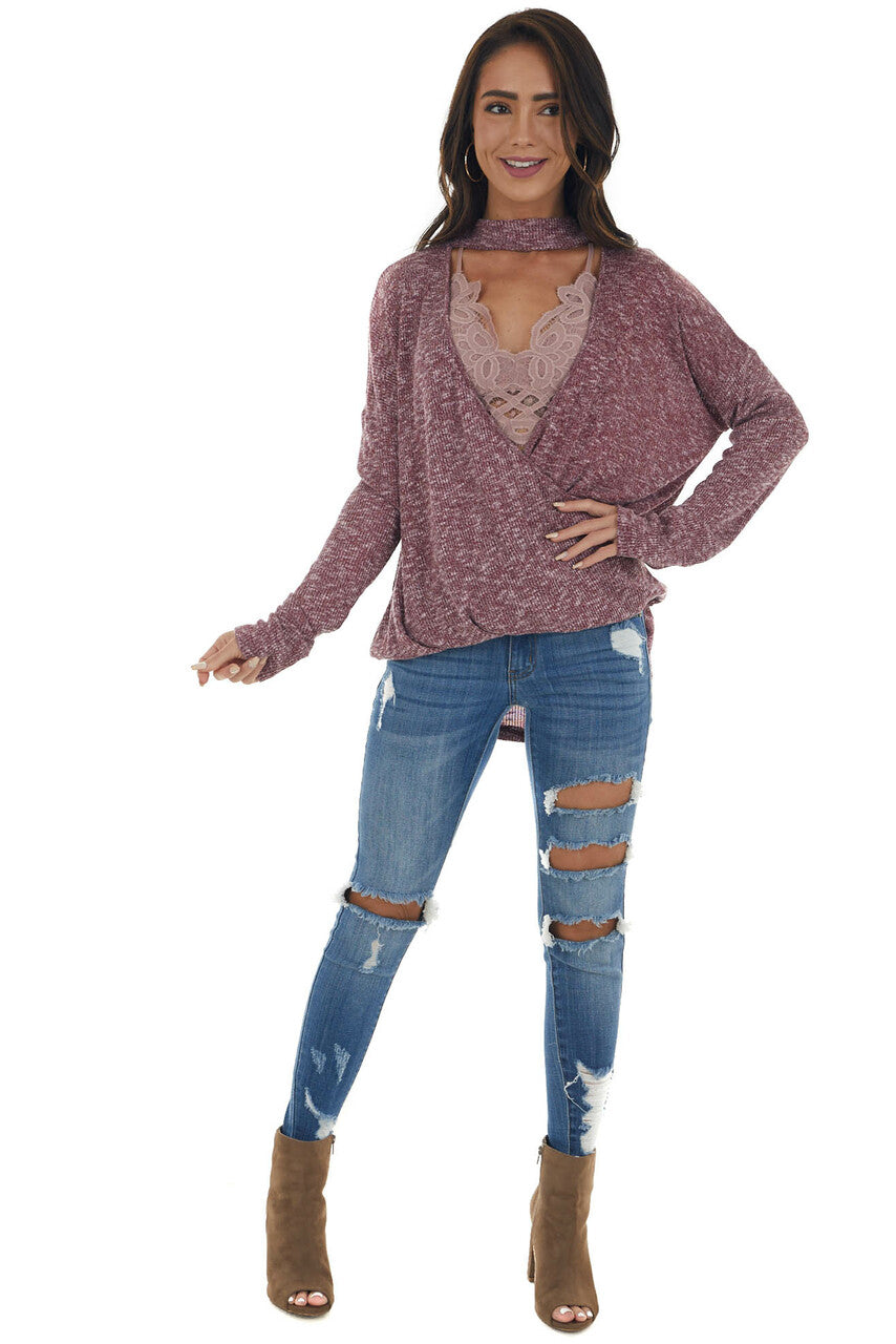 Burgundy and White Surplice Knit Top with Choker Neckline 