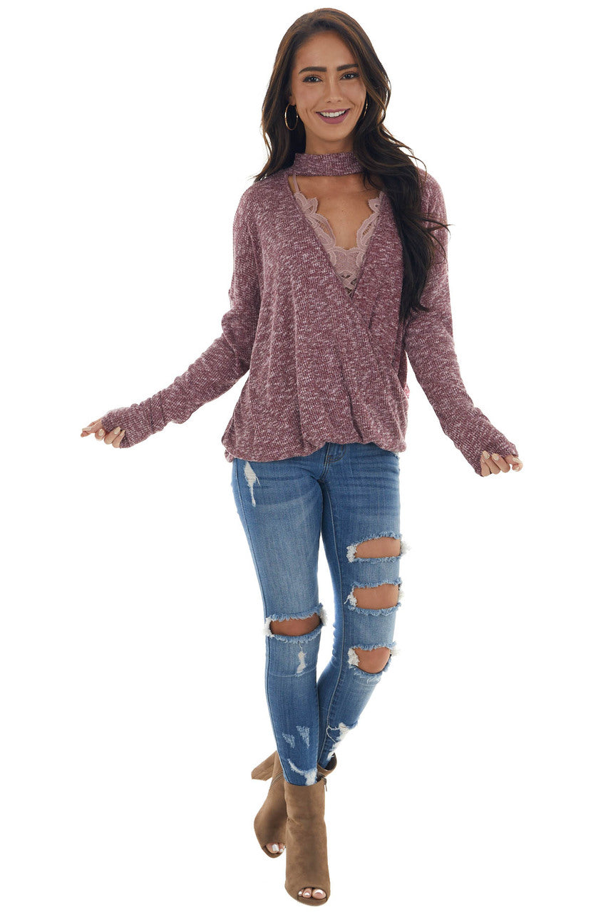 Burgundy and White Surplice Knit Top with Choker Neckline 