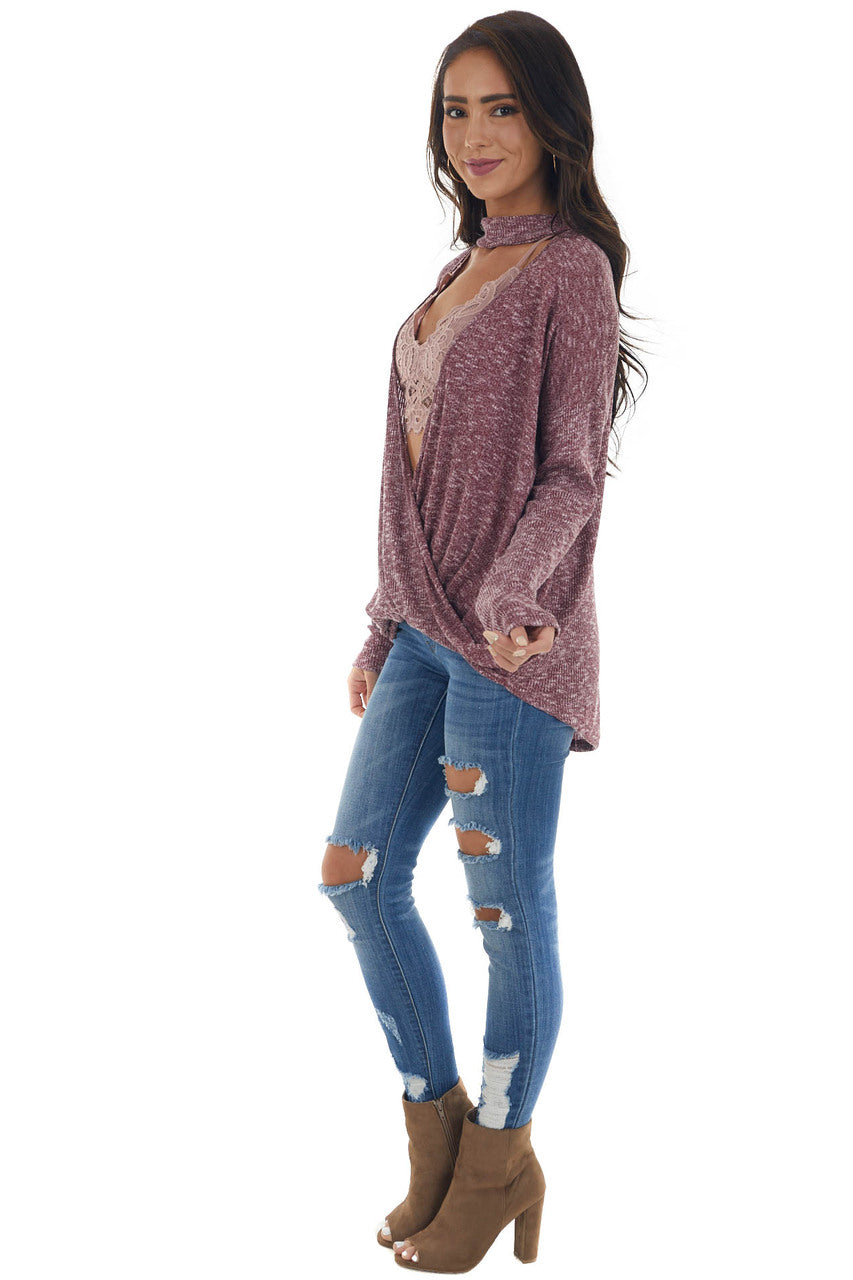 Burgundy and White Surplice Knit Top with Choker Neckline 