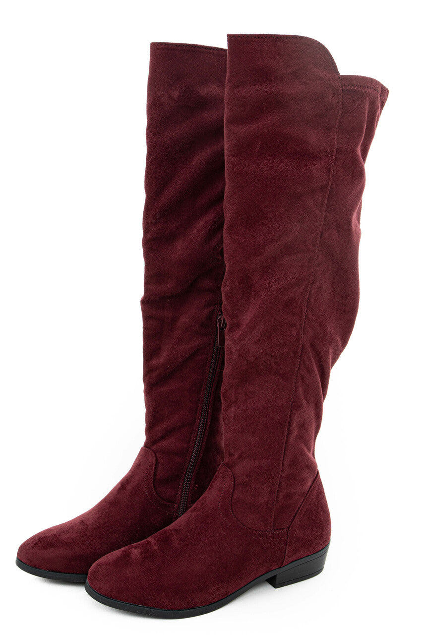 Burgundy Faux Suede Knee High Boots with Small Heel