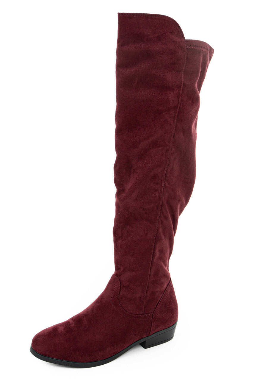 Burgundy Faux Suede Knee High Boots with Small Heel
