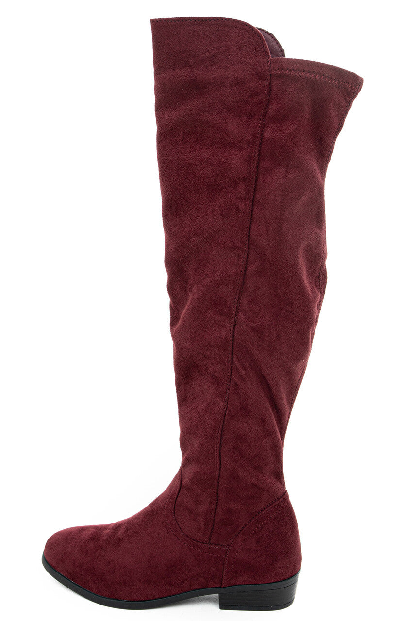 Burgundy Faux Suede Knee High Boots with Small Heel