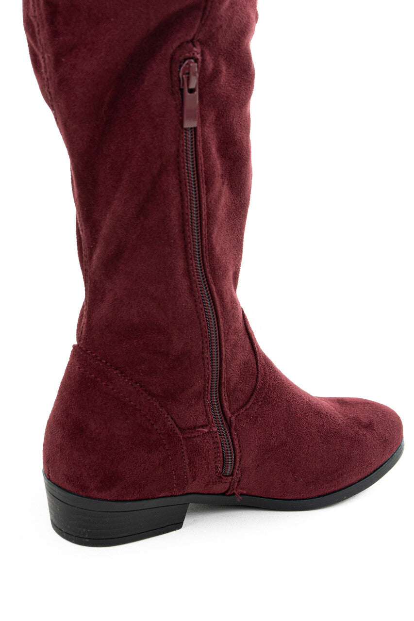 Burgundy Faux Suede Knee High Boots with Small Heel