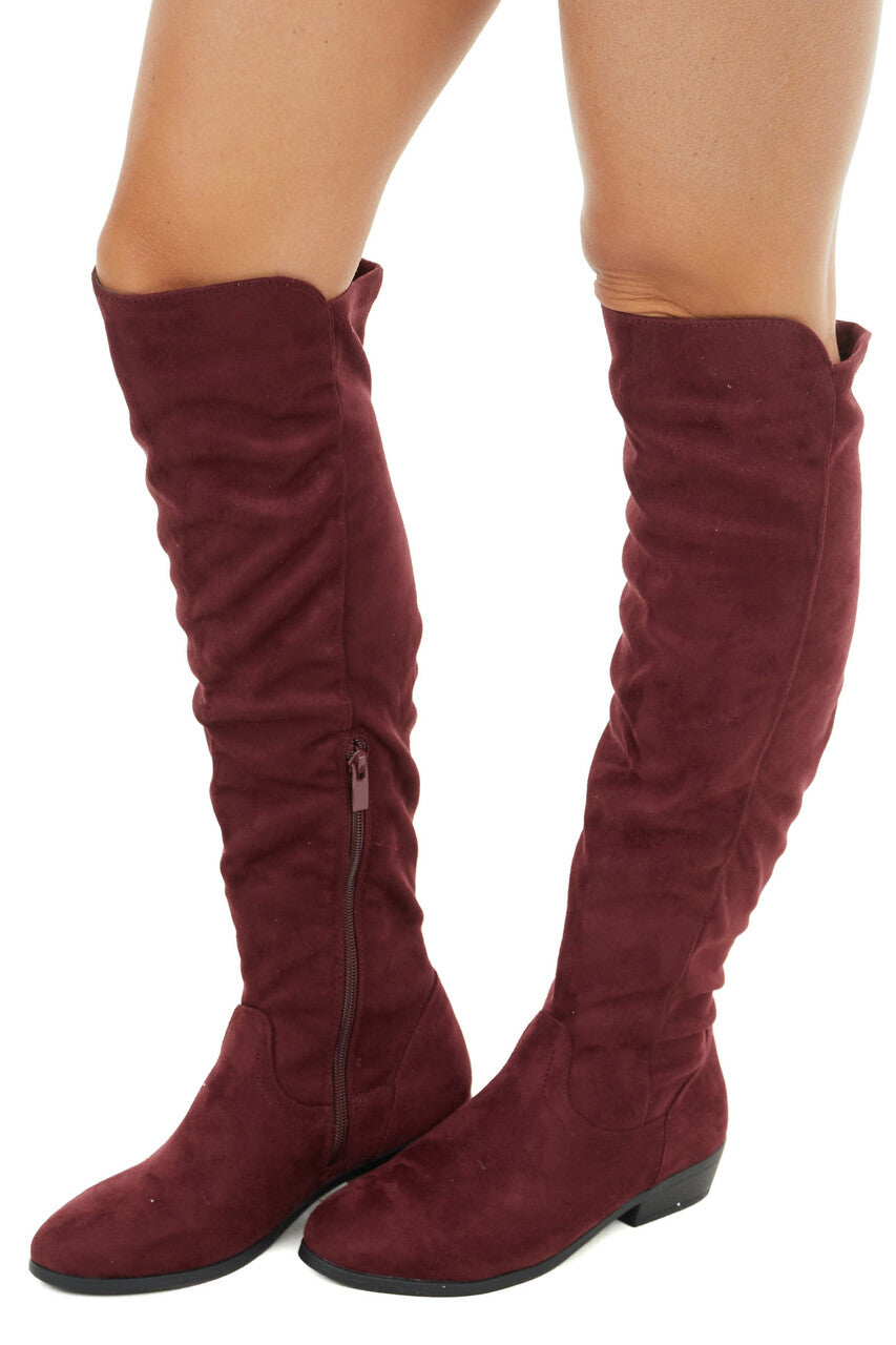 Burgundy Faux Suede Knee High Boots with Small Heel