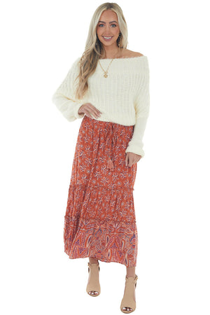 Burnt Orange Floral Smocked Waist Midi Skirt