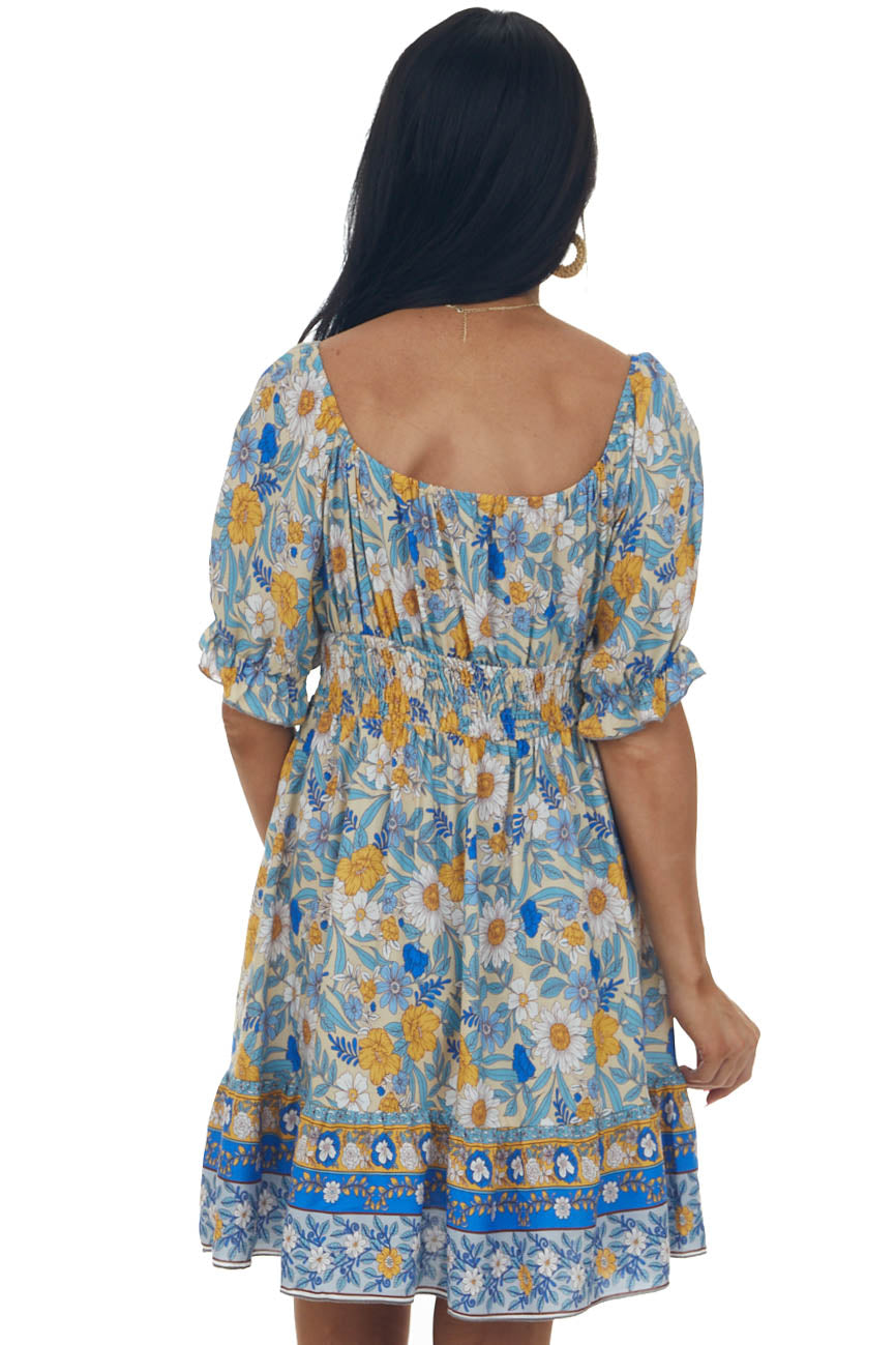 Camel Floral Print Puff Sleeve Babydoll Mini Dress