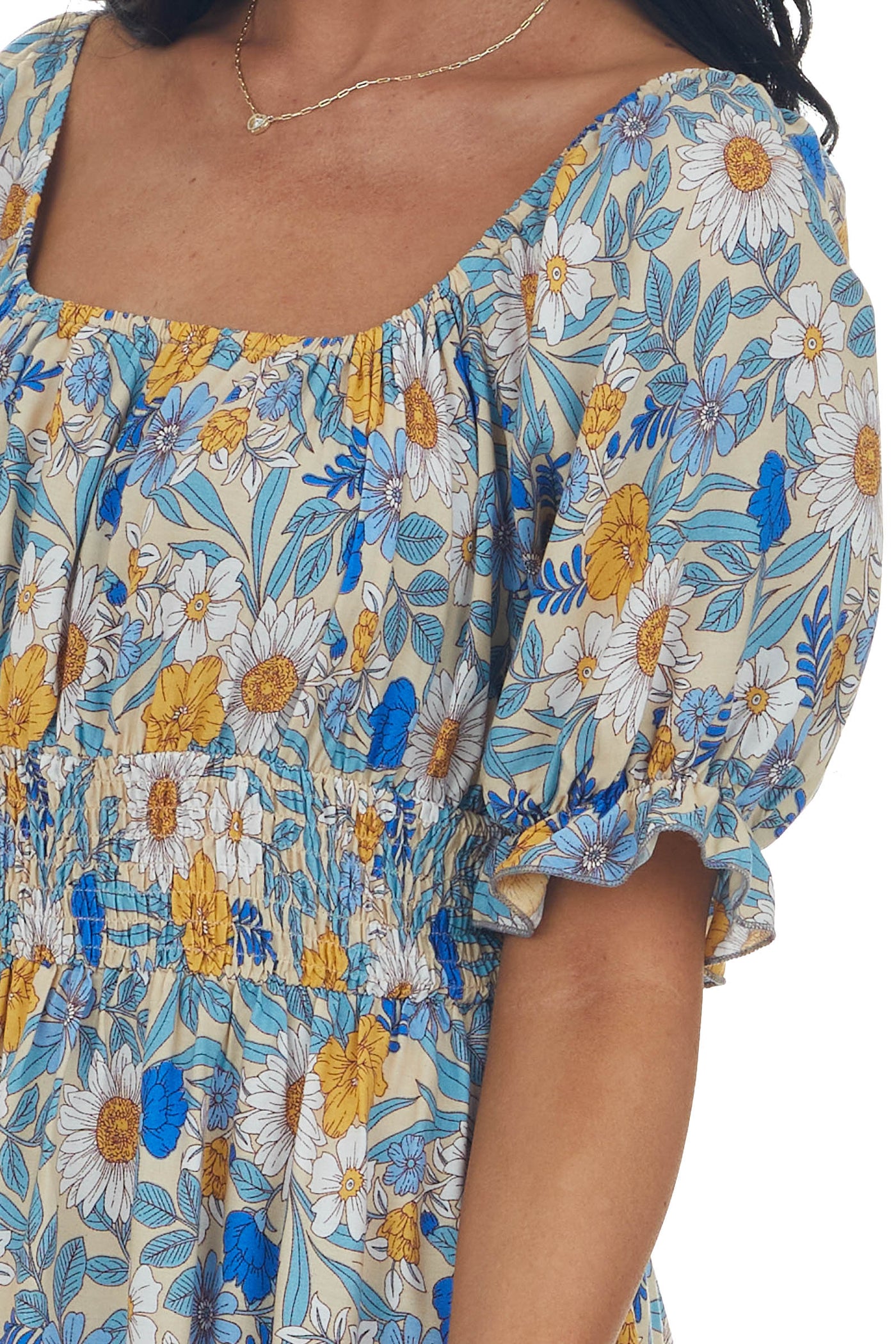 Camel Floral Print Puff Sleeve Babydoll Mini Dress