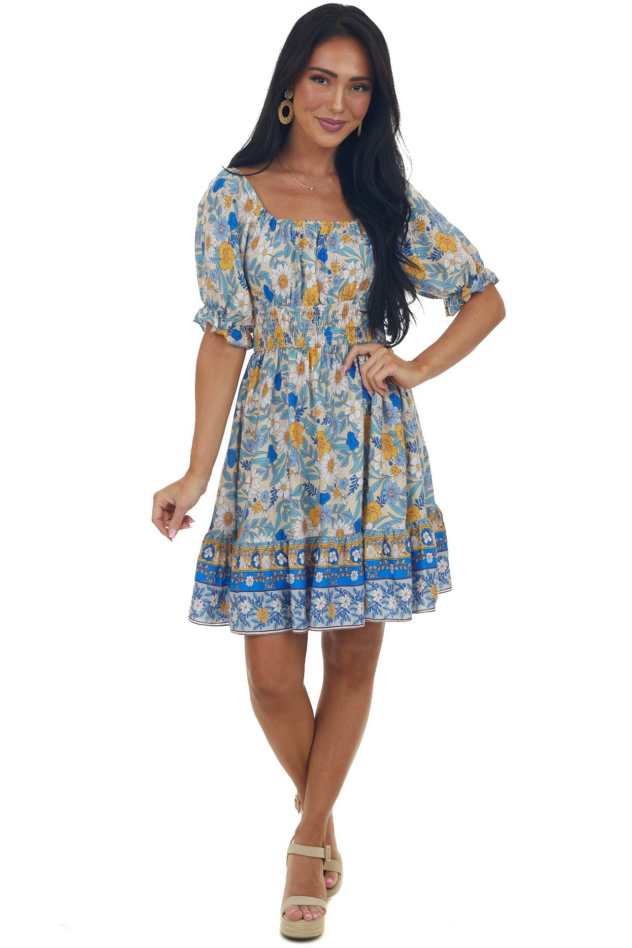 Camel Floral Print Puff Sleeve Babydoll Mini Dress