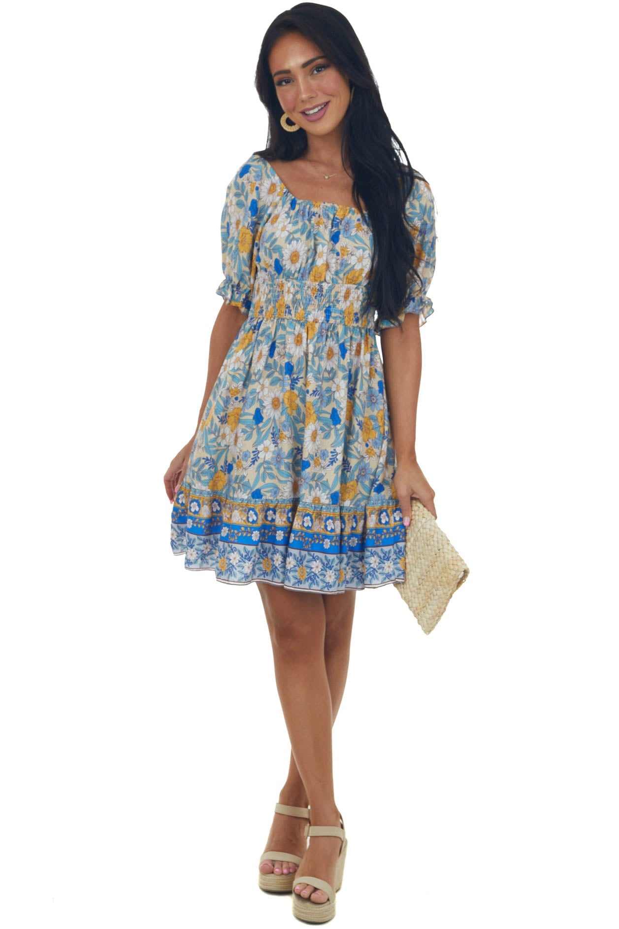 Camel Floral Print Puff Sleeve Babydoll Mini Dress