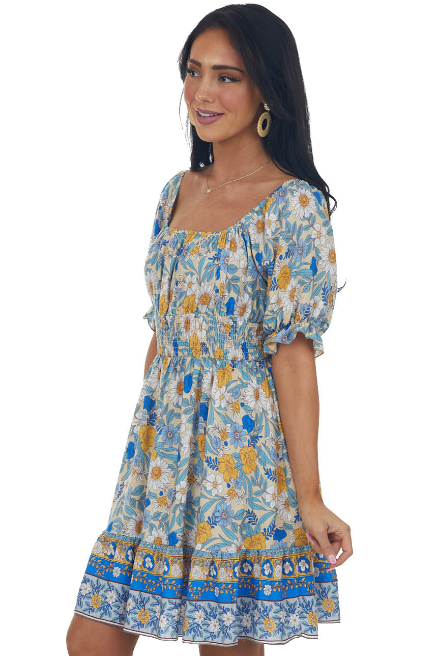 Camel Floral Print Puff Sleeve Babydoll Mini Dress