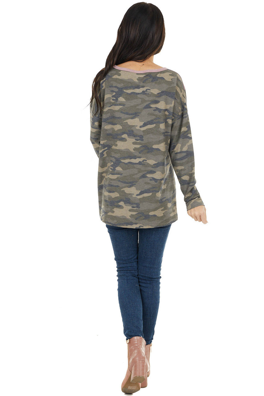 Camo Colorblock Long Sleeve Knit Top with Raw Edge Detail