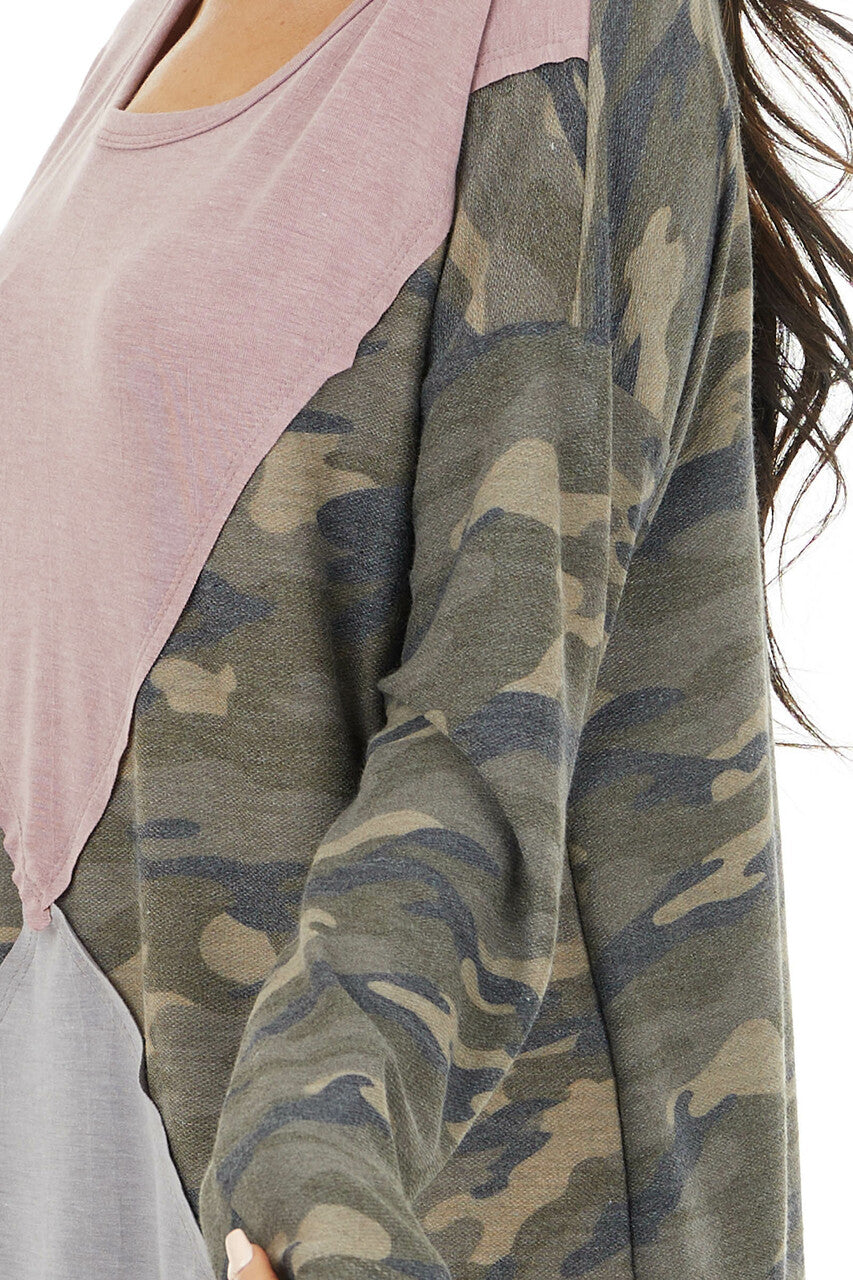 Camo Colorblock Long Sleeve Knit Top with Raw Edge Detail