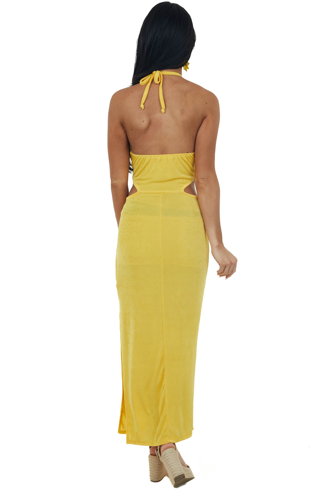 Canary Yellow Knot Twist Halter Neck Midi Dress